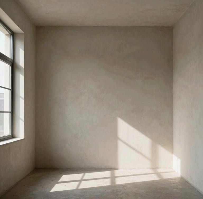Straight-on architectural elevation of a minimalist room, raw plaster walls, soft natural daylight from a high window casting quiet shadows, no furniture.