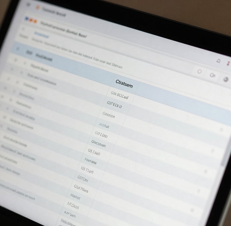 Macro close-up of a digital tax portal on a clean screen, showing organized GST filing charts and a clean interface