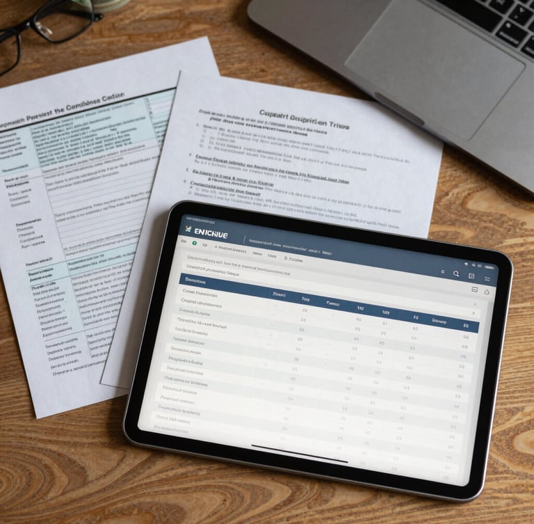 An overhead flat-lay of an organized workspace with physical tax documents and a digital tablet displaying a compliance tracking dashboard under clean daylight.