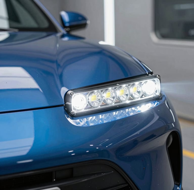 Close-up of a high-intensity LED light bar reflecting off a freshly painted metallic blue car panel inside a dust-free pressurized booth.