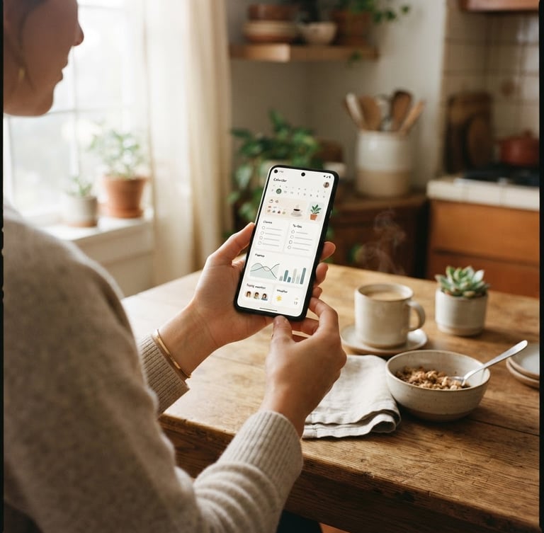 Over-the-shoulder shot of hands holding a mobile device displaying a clean, minimalist home-management interface, soft morning window light, warm domestic kitchen table setting, 35mm film style