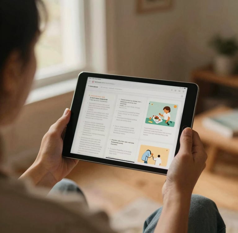 Over-the-shoulder shot of hands holding a tablet displaying educational material, warm golden hour light, domestic environment, soft focus, 35mm film