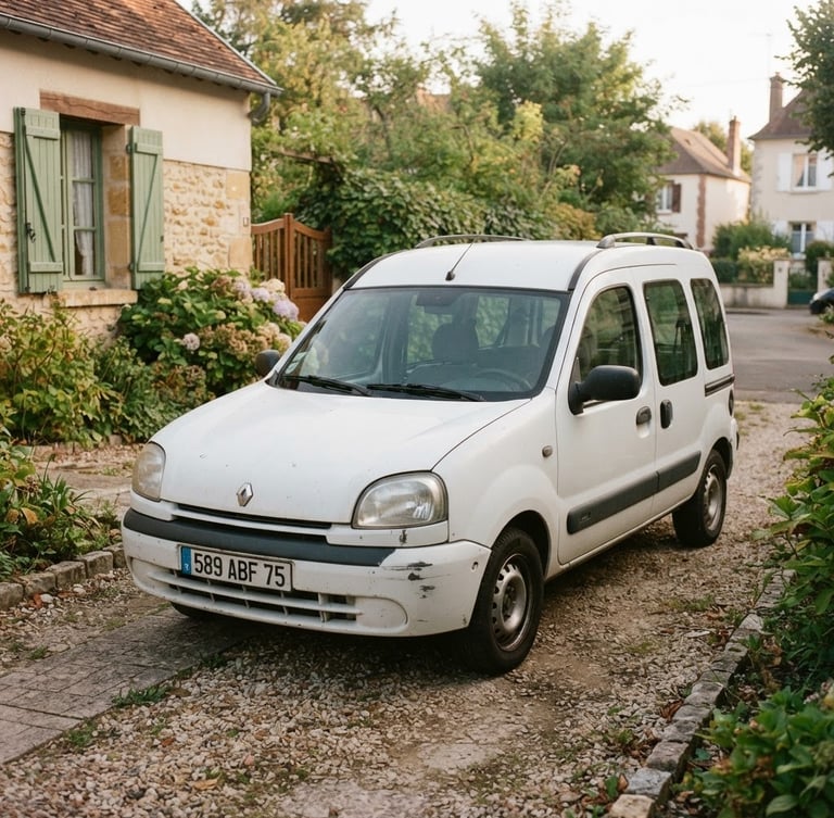 A clean unpolished used car parked in a quiet French suburban driveway under soft natural daylight, realistic warm tones, 35mm