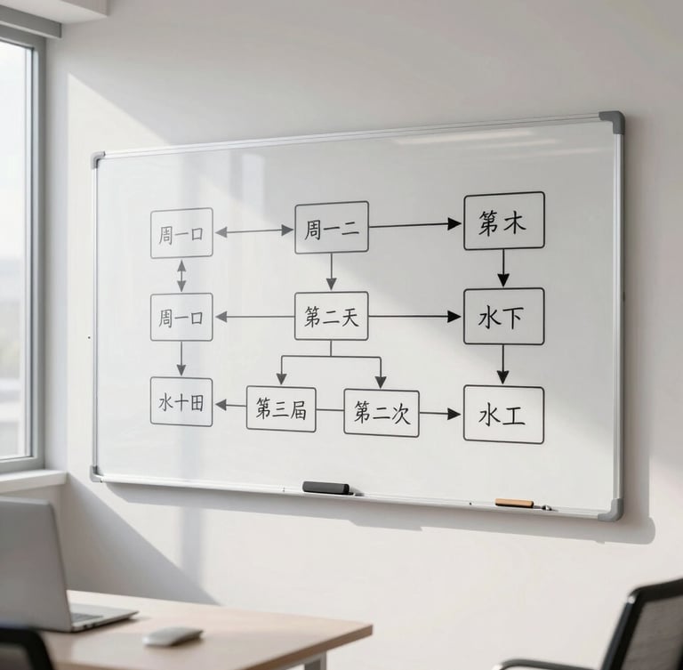 A bright modern workspace with a large physical whiteboard showing clean process flow diagrams, natural daylight, structured composition, muted corporate tones