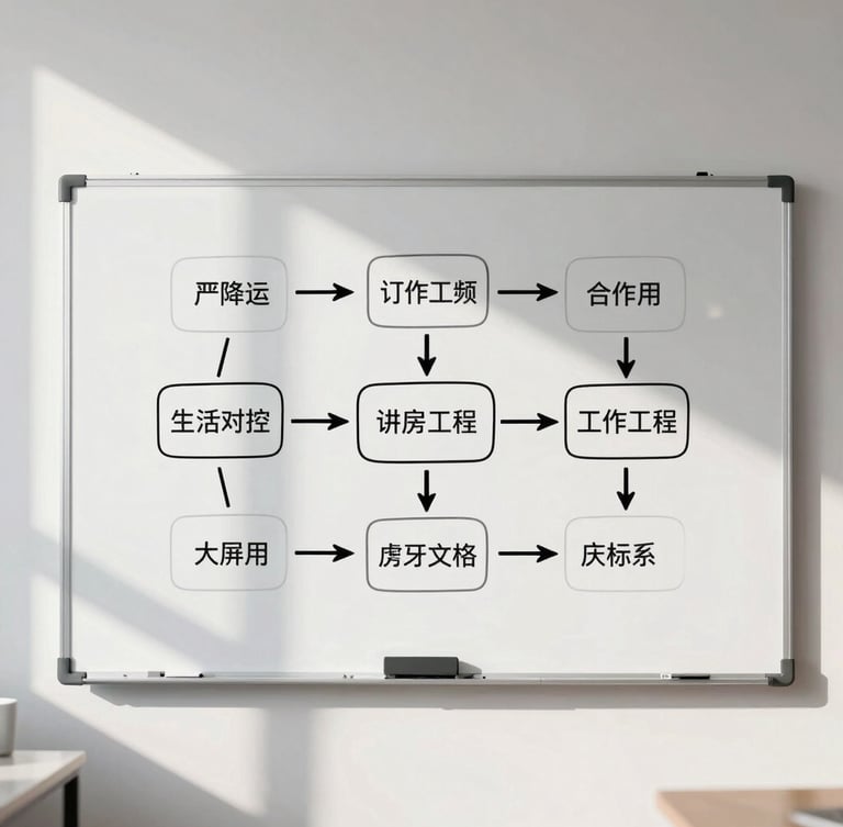 A bright, modern office interior with a physical whiteboard displaying a clean workflow diagram, natural daylight casting soft shadows, structured composition, sharp focus.