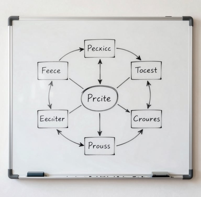 A clean physical whiteboard with a clear hand-drawn process diagram, bright natural daylight, structured composition, muted corporate tones
