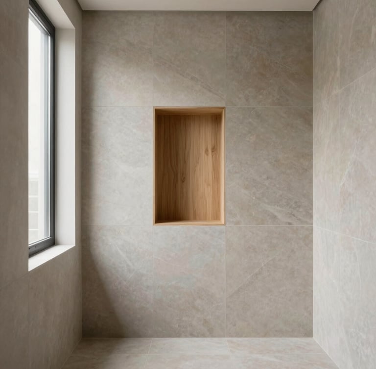 Straight-on architectural eye-level shot of a minimalist bathroom, flawless large-format slate tiles with perfectly aligned joints, recessed oak niche, soft natural daylight streaming from a side window, 35mm