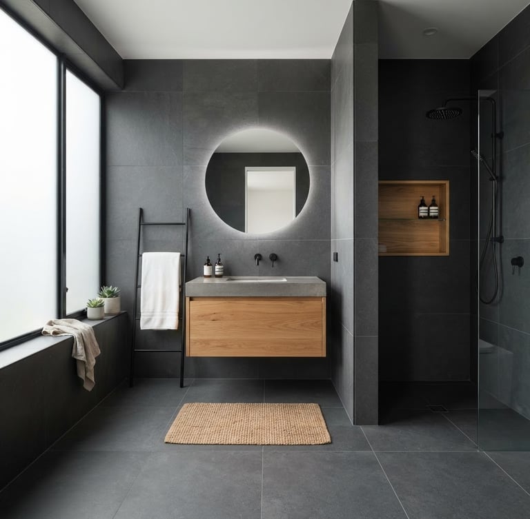 Wide shot of a modern, minimalist bathroom with seamless, large format dark gray tiles, warm oak vanity, and a recessed shower niche, soft natural daylight, architectural interior photography, sharp focus, 35mm