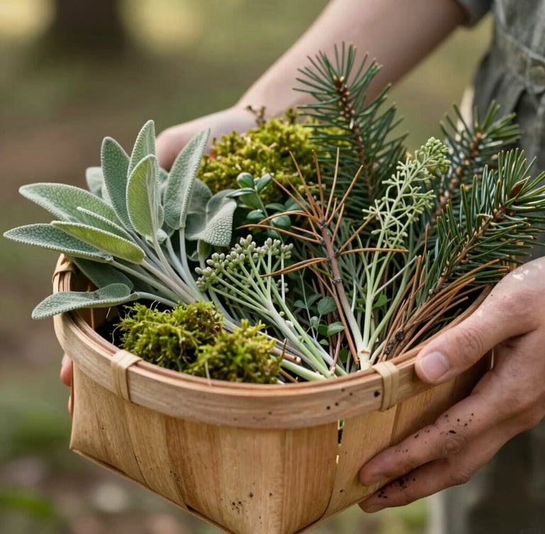 A rustic wooden basket filled with freshly foraged wild forest herbs, green moss, and pine needles, held by hands with soil traces, soft morning light, shallow depth of field