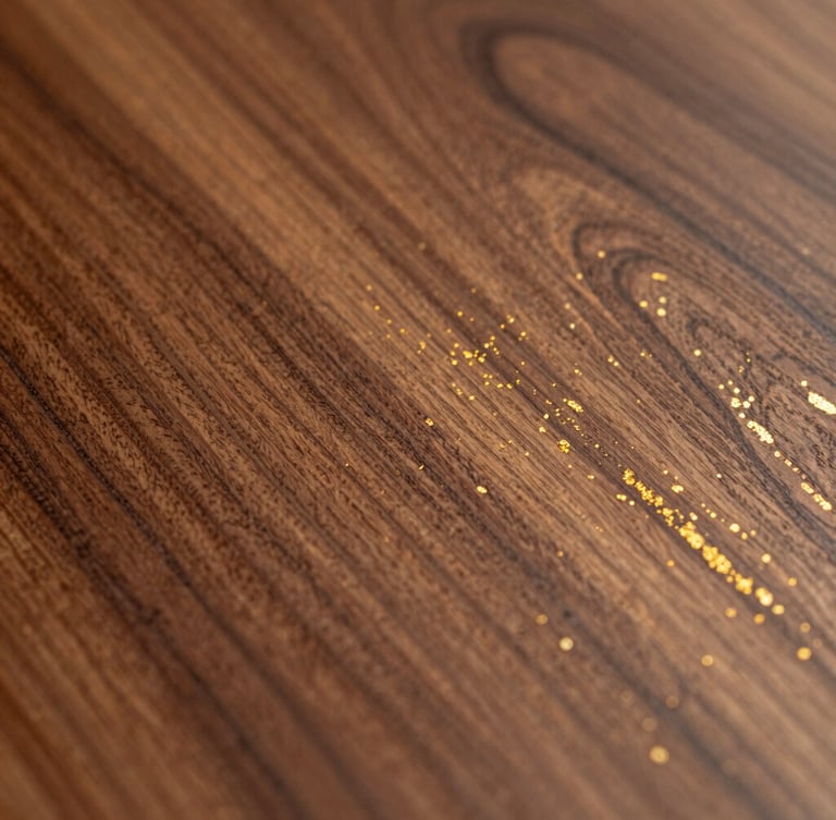 Close-up macro shot of rich walnut wood grain with a flawless satin PU-polished finish, catching warm side-light, highlighting gold flecks and organic textures, architectural digest style