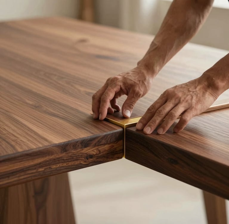 Warm editorial photography of a master carpenter running hands over a flawless, seamless PU-polished walnut dining table joint, soft side-lighting, shallow depth of field, 35mm