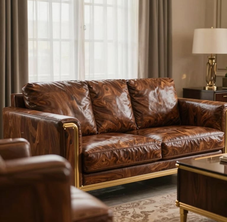 Warm editorial photography of a luxury living room in Indore, soft window side-lighting, a rich walnut PU-polished sofa set with gold accents, shallow depth of field, architectural digest style, 35mm