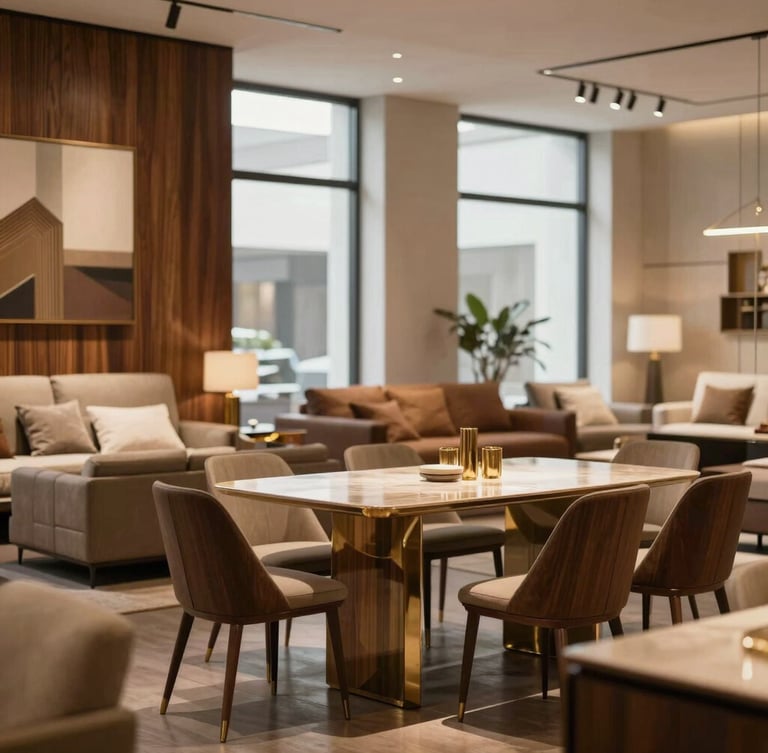 Warm-lit luxury furniture showroom interior, showcasing a modern dining setup, soft side-lighting from large windows, elegant wood textures, architectural digest style
