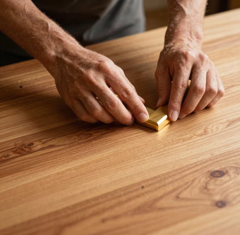 A portrait shot of a craftsman's hands carefully inspects a perfectly smooth, PU-polished wood surface, warm golden light highlighting the rich grain.