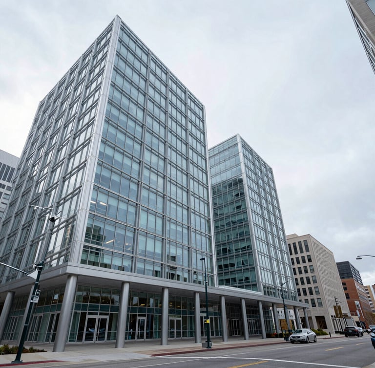 Architectural wide-angle shot of modern corporate steel and glass infrastructure in Denver, overcast diffused daylight, cool frosted tones.