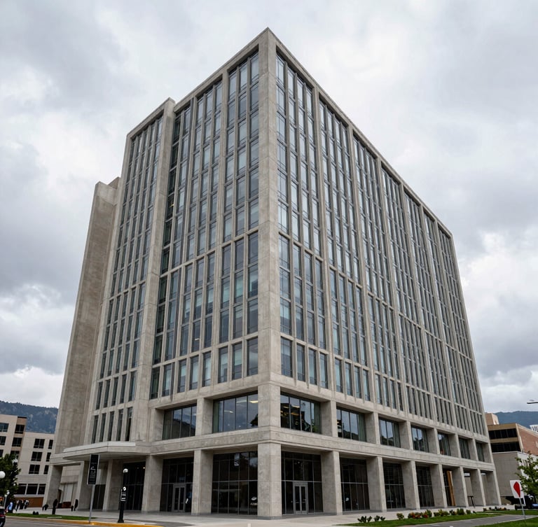 Architectural wide-angle shot of a modern concrete and glass corporate headquarters in Denver, overcast diffused mountain daylight, sharp clean lines, high contrast.