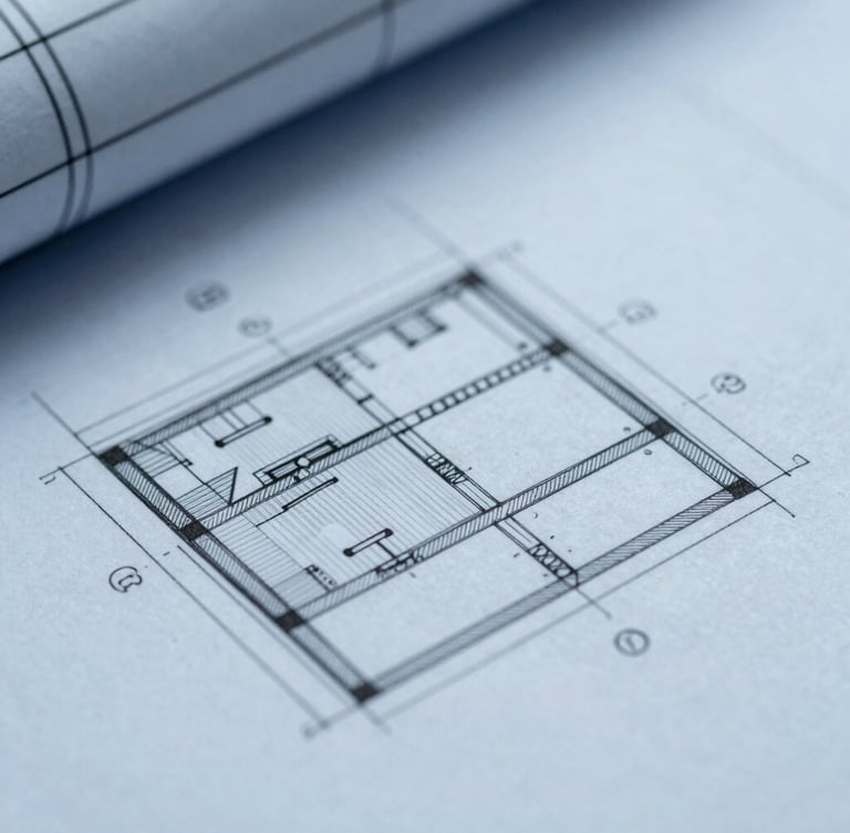 Macro close-up of a technical architectural blueprint with precise structural lines, cool frosted slate blue tint, diffused daylight.