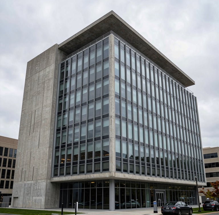 Wide angle architectural view of a modern concrete and steel corporate headquarters in Denver, overcast diffused mountain daylight, sharp geometric lines, frosted glass facade.