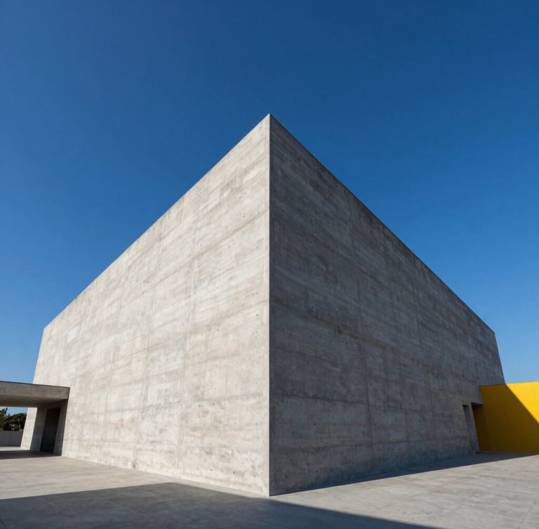 Wide-angle architectural photography of a minimalist concrete structure under sharp natural daylight, geometric shadows, deep blue sky accent
