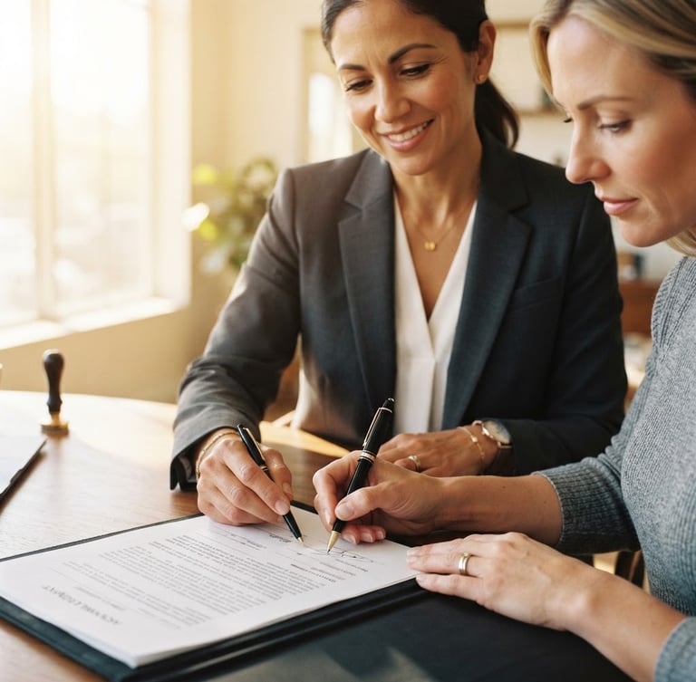 A close-up of a professional notary agent in a sharp charcoal suit assisting a client with signing a legal document, warm natural Southern California sunlight streaming through a window, shallow depth of field, 35mm editorial photography.
