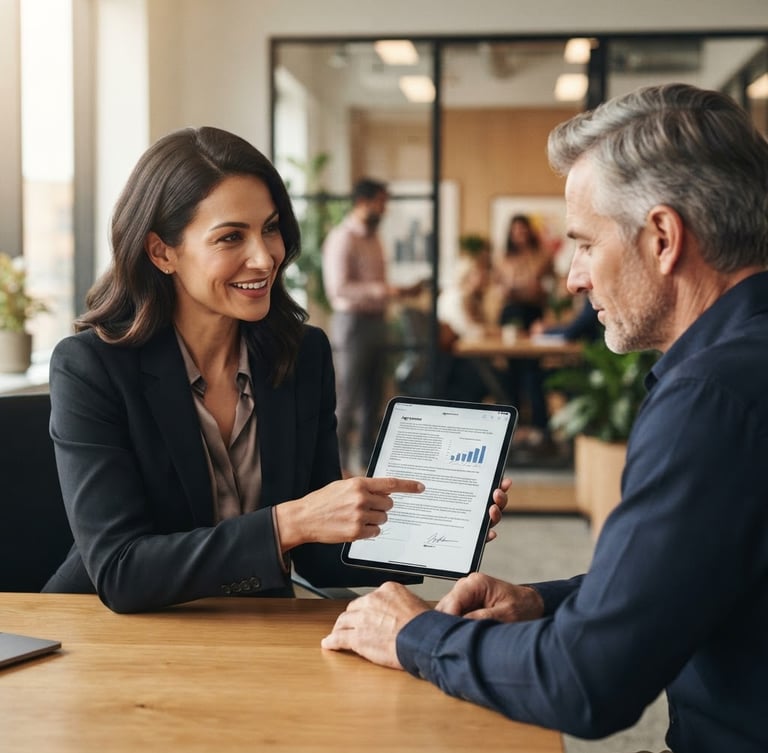 Close-up of a professional advisor showing contract details on a tablet to a client in a bright, modern office, warm editorial photography, bright natural daylight, soft shadows, shallow depth of field