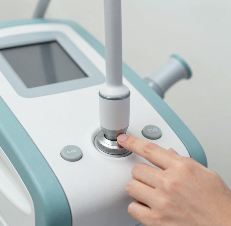 Macro shot of a high-end physical therapy laser device, therapist's hand adjusting a dial, clean clinical lighting, soft teal accents, 50mm focus
