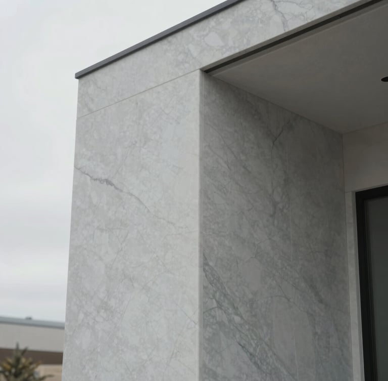 Tight detail shot of custom minimalist joinery and premium marble veining inside a modern Utah residence, soft diffused lighting, desaturated cool tones