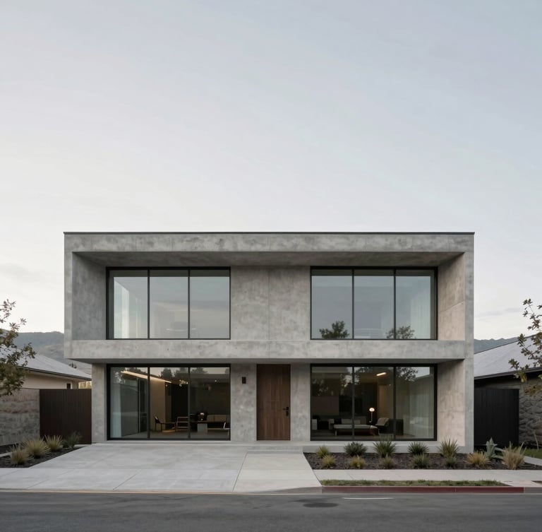 Straight-on architectural elevation of a minimalist concrete and glass luxury residence in Utah, soft overcast daylight, desaturated cool tones.