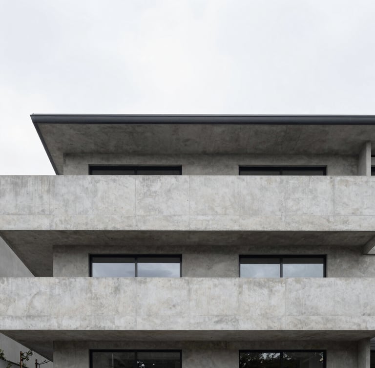 Straight-on architectural detail of a minimalist concrete and steel residential facade, soft overcast daylight, sharp clean lines, high-end editorial photography