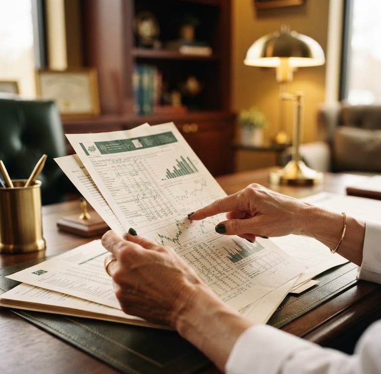 Elegant close-up of hands reviewing financial medical reports, high-end medical office environment, warm golden lighting, deep green accents, shallow depth of field, 35mm