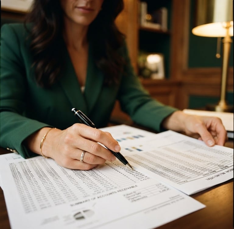 Close-up of professional hands in a high-end office reviewing complex medical billing spreadsheets and financial reports, soft warm golden indoor lighting, deep green accents, shallow depth of field, 35mm