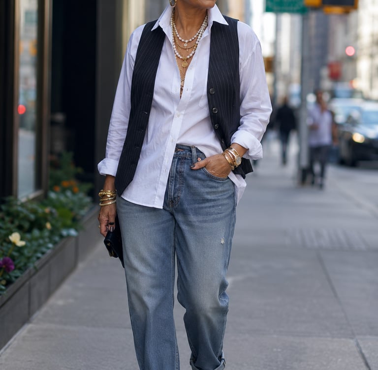 stylish older confident looking woman in classy casual clothes