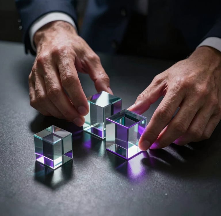 Cinematic close-up of executive hands arranging geometric glass blocks on a dark reflective surface, dramatic purple rim lighting, high-contrast shadows, premium tech aesthetic.