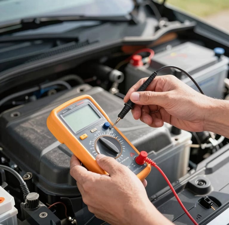 Close-up of a professional technician's hands using a digital multimeter to test a car battery under the hood, bright natural daylight, sharp commercial photography focus