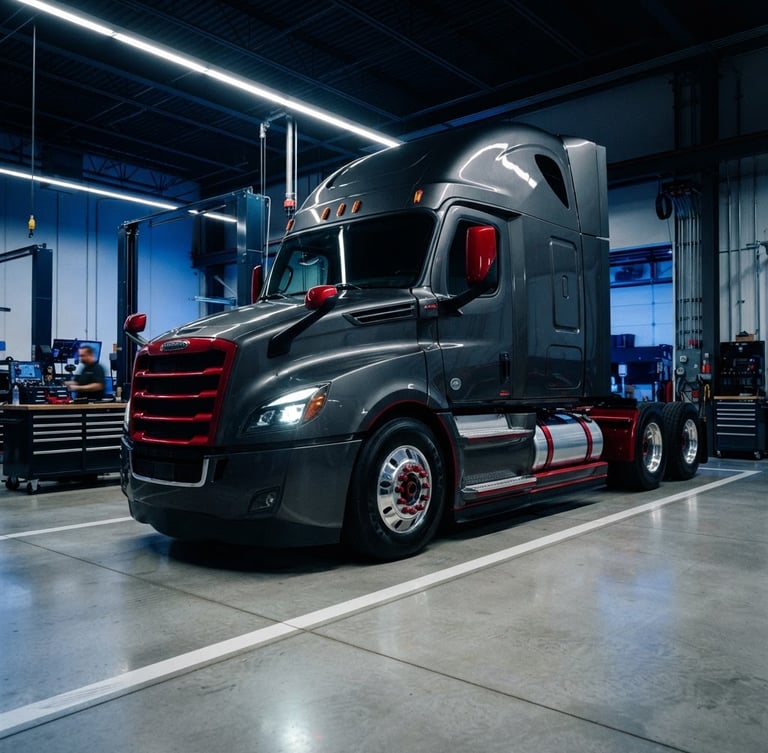 Low-angle dramatic 3/4 shot of a pristine Freightliner Cascadia semi-truck parked in a high-tech service bay, sharp red accents, clean concrete floor, cinematic lighting.