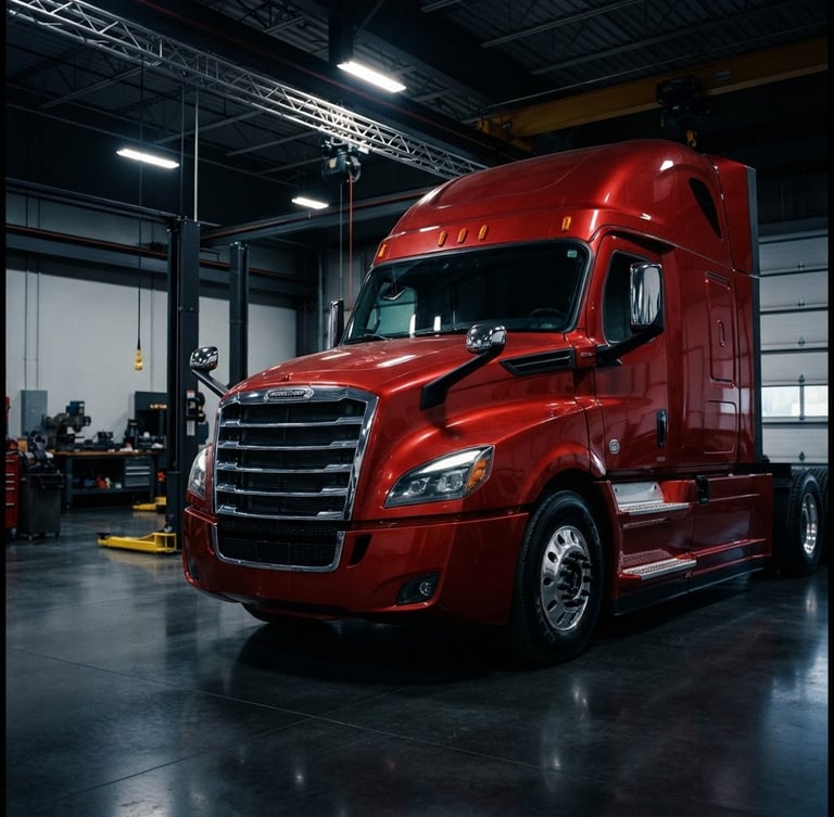 Low-angle dynamic 3/4 view of a pristine, latest-generation Freightliner Cascadia truck parked inside a clean, modern heavy-duty service bay with high-contrast dramatic studio lighting highlighting its metallic red grille.