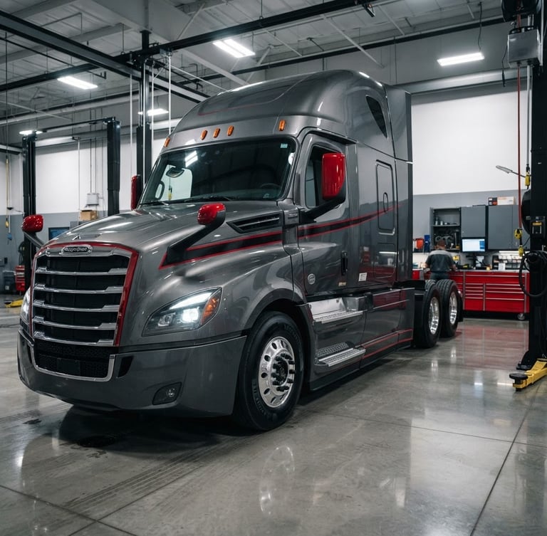 Low-angle dynamic 3/4 view of a pristine, latest-generation Freightliner Cascadia truck parked inside a bright, clean, modern service bay with polished concrete floors and professional red toolboxes.
