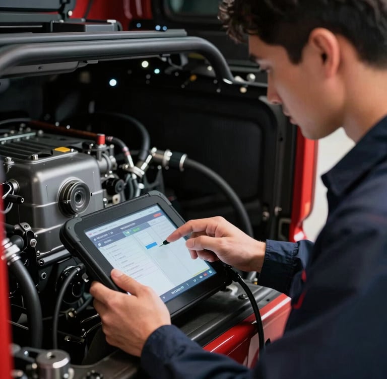Tight macro shot of a clean-cut diesel technician using an advanced diagnostic tablet connected to a modern truck engine, high-contrast technical lighting