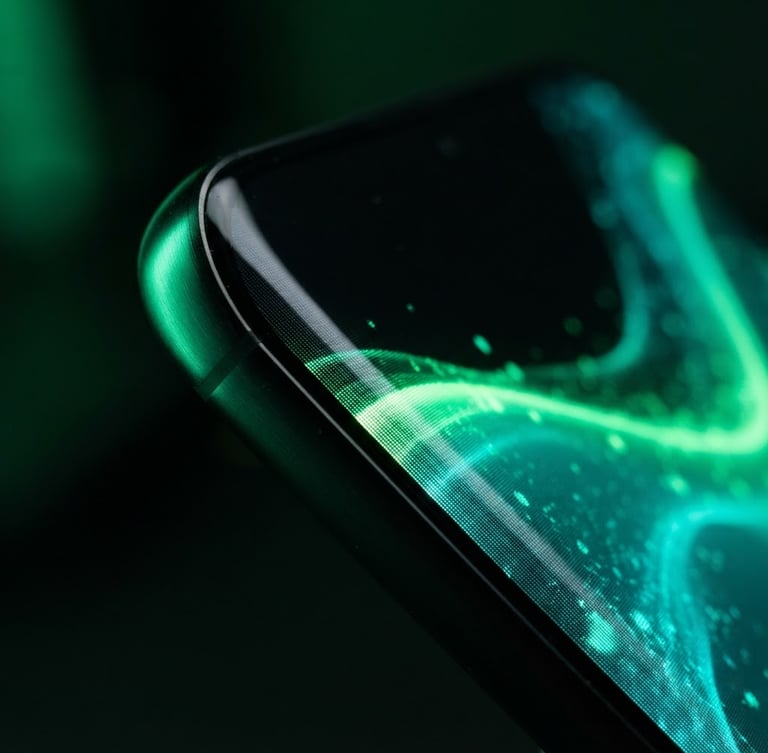 Sleek dark-mode tech photography of a modern Android smartphone screen displaying a fluid, glowing green and teal interface transition, dramatic neon green ambient studio light, deep shadows, sharp macro focus on the glass edge.