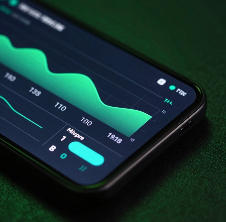 Macro shot of a modern Android device screen displaying performance profiling tools with green and teal graphs, deep shadows, studio light.