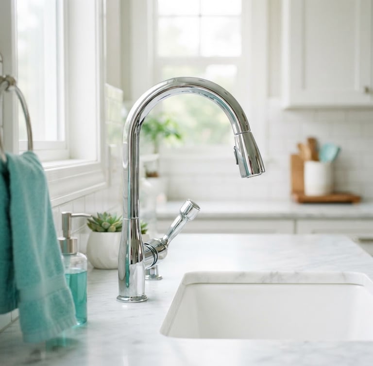 Bright sunlit domestic kitchen interior, close-up of a gleaming chrome faucet, pristine marble countertop, high-key natural daylight, fresh turquoise tones, crisp focus