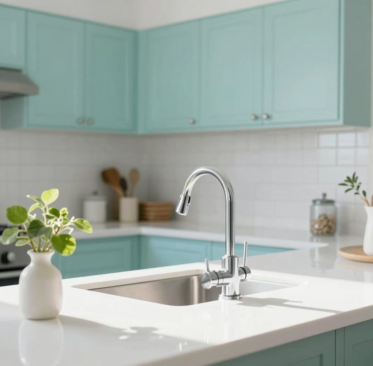 A vertical portrait of a beautifully organized kitchen, sunlit white countertops, a gleaming chrome faucet, and a small vase with fresh green leaves on the side.