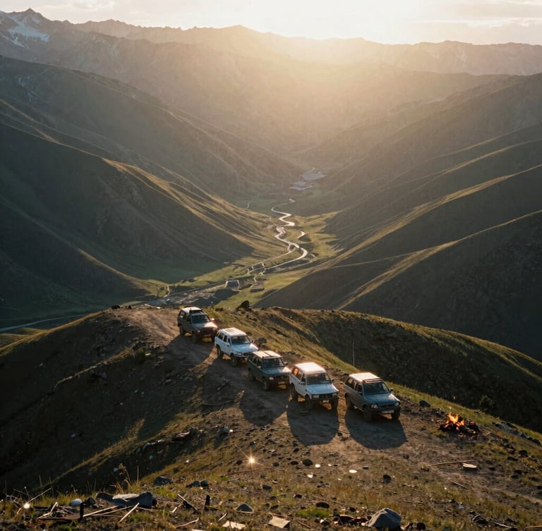 Cinematic 35mm film photo of an off-road overland convoy parked on a dramatic wind-swept mountain ridge in Kyrgyzstan, golden hour sun flare, deep shadows, vast empty landscape.