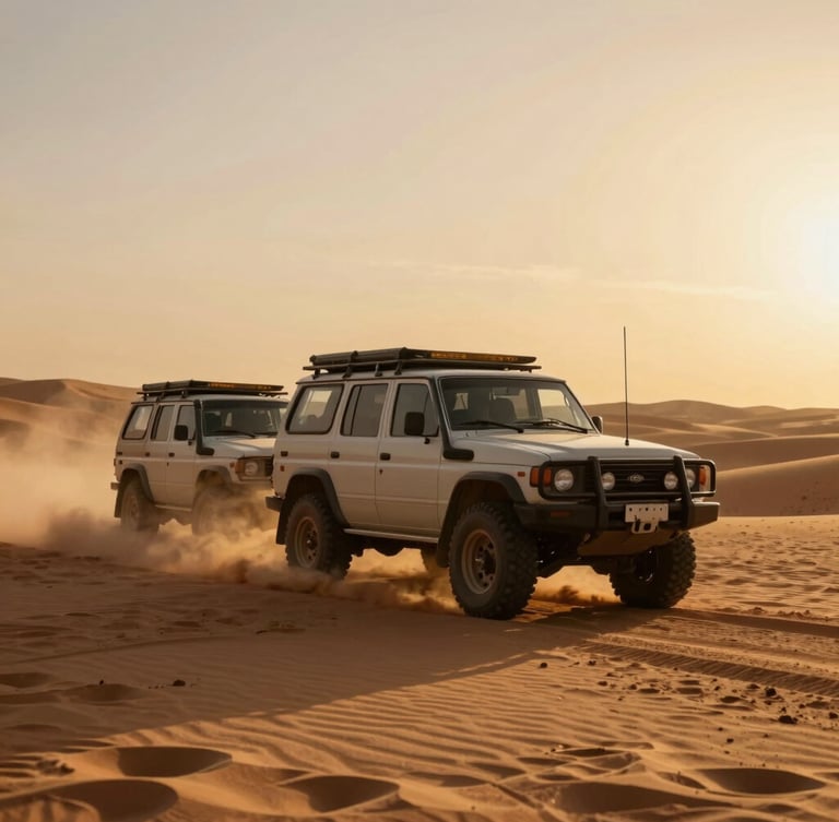 Cinematic 35mm anamorphic shot of a 4x4 overland convoy kicking up dust at dramatic golden hour in the UAE desert, rich warm tones