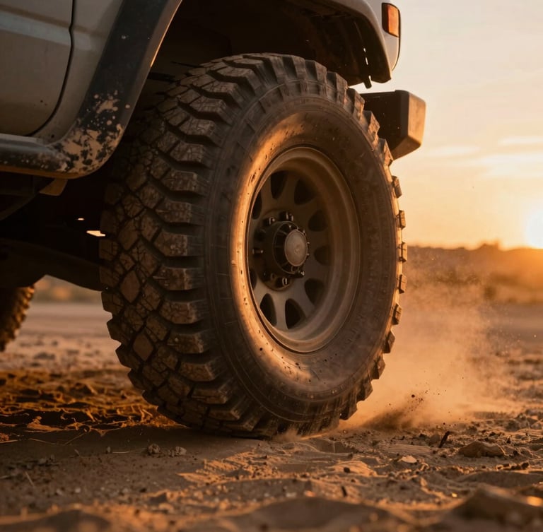 Low-angle close-up of a dusty 4x4 tire kicking up sand at golden hour, deep orange sunlight catching the dust particles, cinematic 35mm film style