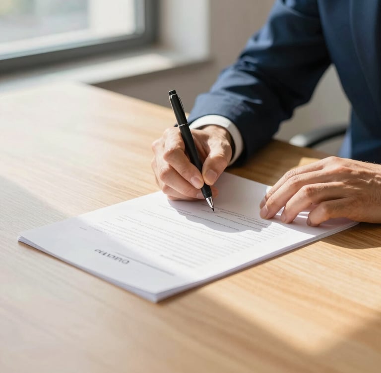 Close-up of hands signing a document on a solid wooden desk, warm daylight streaming through a window, professional editorial style, 35mm