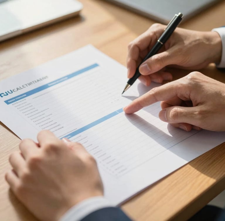 Close up of hands analyzing a clear printed financial report on a wooden desk, warm gold sunlight, professional corporate editorial style, 35mm
