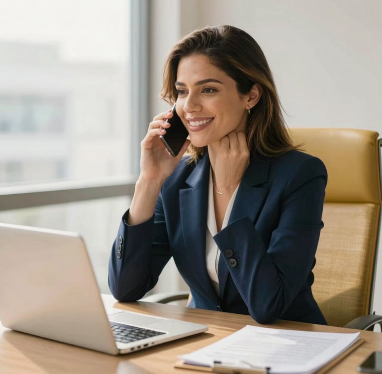 A professional Brazilian financial advisor sitting in a bright office, warm natural daylight, soft navy and gold tones, smiling, talking on a smartphone, clean desk with a laptop, 35mm