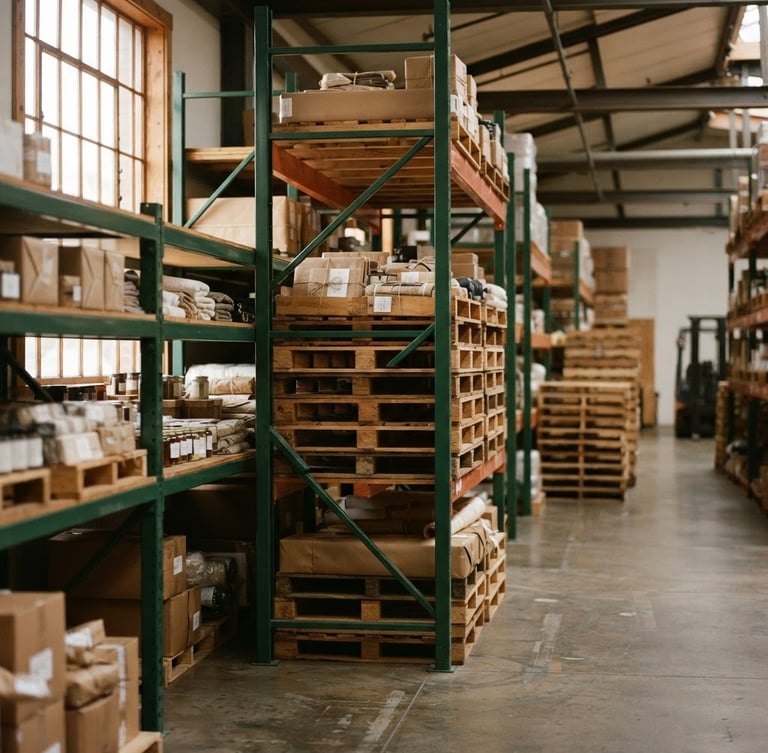 Medium environmental shot of organized warehouse shelves with stacked pallets under natural window light, deep forest green accents, 35mm