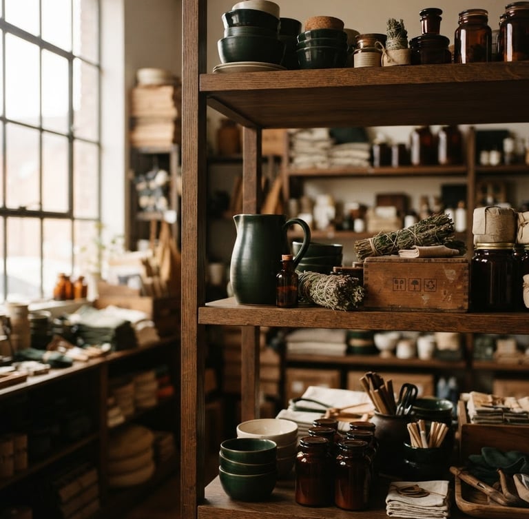 Warm editorial photography of organized warehouse shelves with natural window light, rich deep forest green tones, shallow depth of field, 35mm